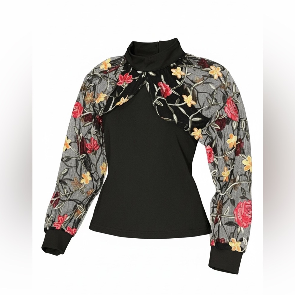 Women’s Floral Embroidered Black Top